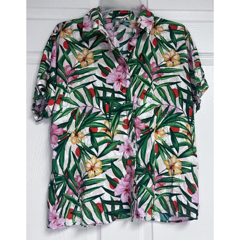 ASOS Hawaiian Tropical Button Down Shirt Size 4 Green Pink Floral Viscose